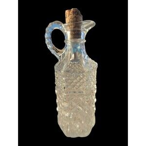 Vintage Pressed Glass Diamond Cut Oil Vinegar Cruet Pitcher Original Cork Plug